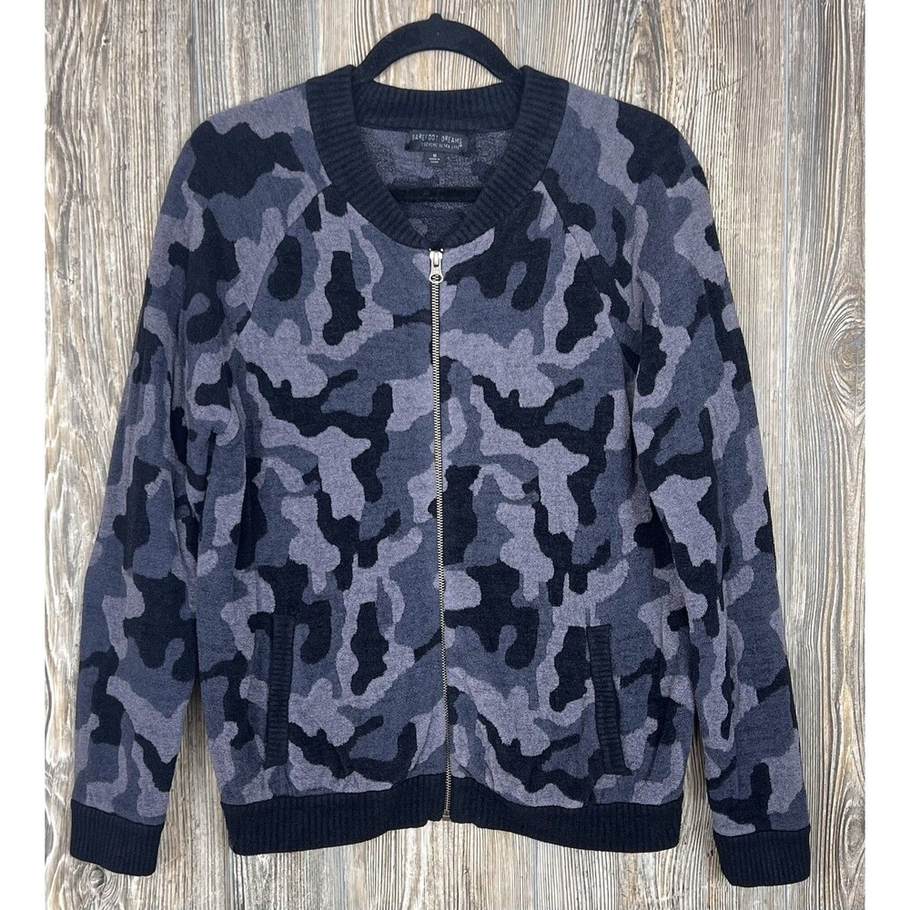 BAREFOOT DREAMS CozyChic Blue Camo Zip-Up‎ Bomber Cardigan Sweater Jacket Med
